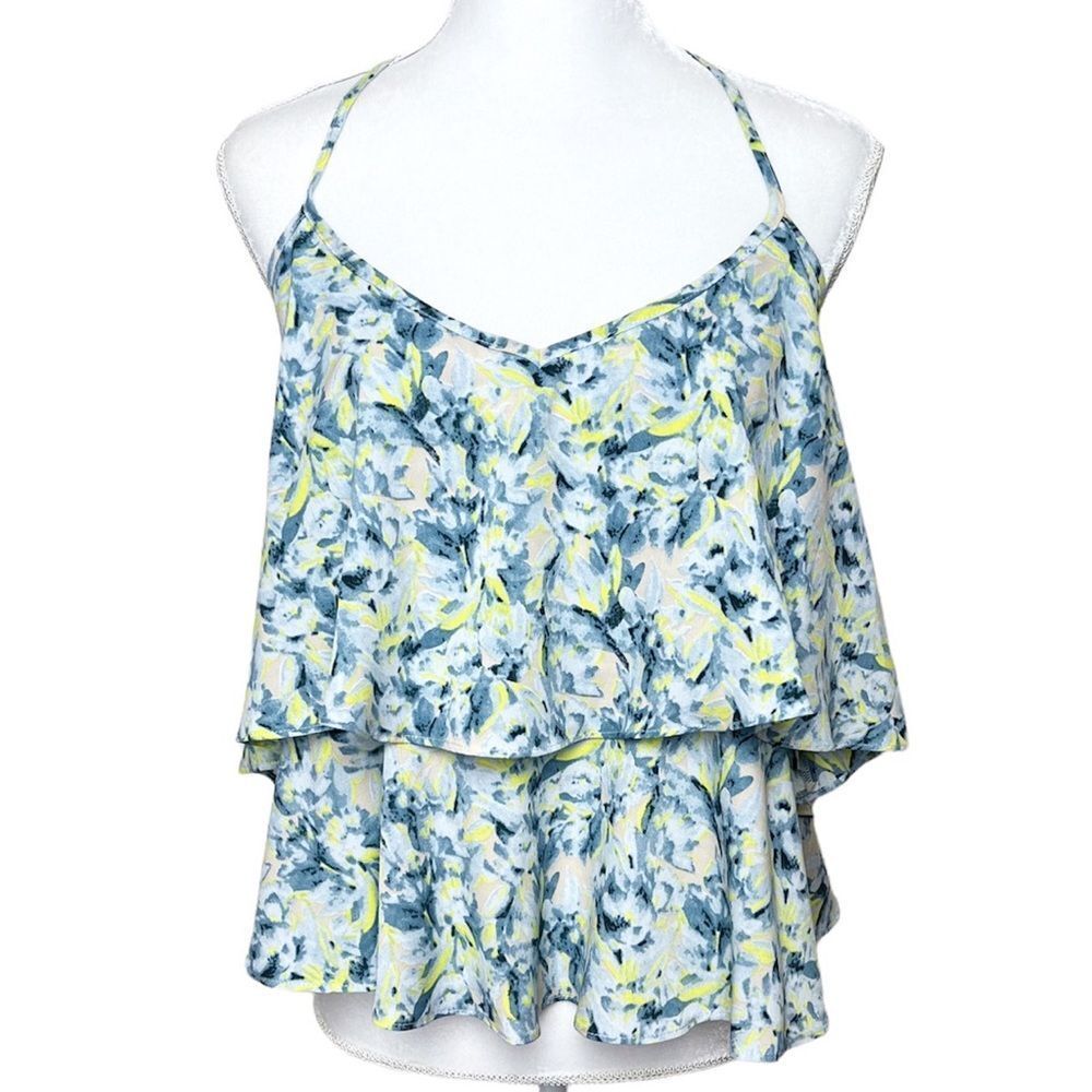 ASOS Blue Yellow Abstract Floral Tiered‎ Spaghetti Strap Tank Top Size 6